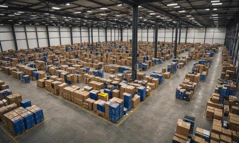 Large warehouse filled with cardboard boxes and crates, with high ceiling and large windows, creating sense. The image depicts a large warehouse filled with numerous cardboard boxes stacked on top of each other in rows and columns. The warehouse has a high ceiling with exposed beams and a concrete floor, creating a spacious and industrial atmosphere. The color scheme is dominated by shades of brown and blue, with occasional pops of yellow and white. The lighting is bright and natural, illuminating the boxes and casting shadows. The boxes are arranged in a grid-like pattern, with some stacked higher than others, creating a sense of order and organization. The background features a white wall with windows, allowing natural light to enter the space. The overall composition and arrangement of the boxes suggest a well-organized and efficient storage system.