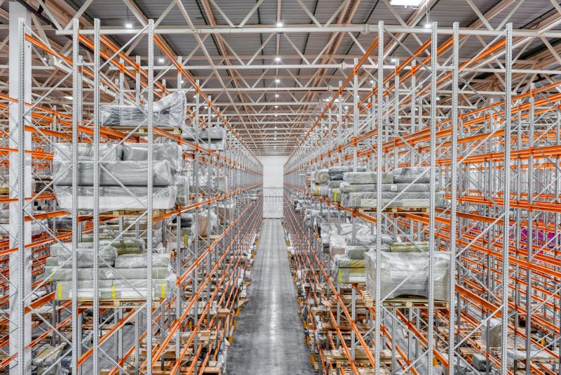Large Warehouse. Tall Metal Shelves Stock Photo Image of modern