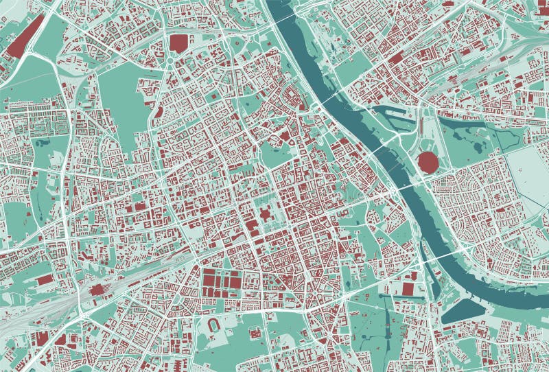 Large Warsaw map, urban area. Poland map rivers vectors
