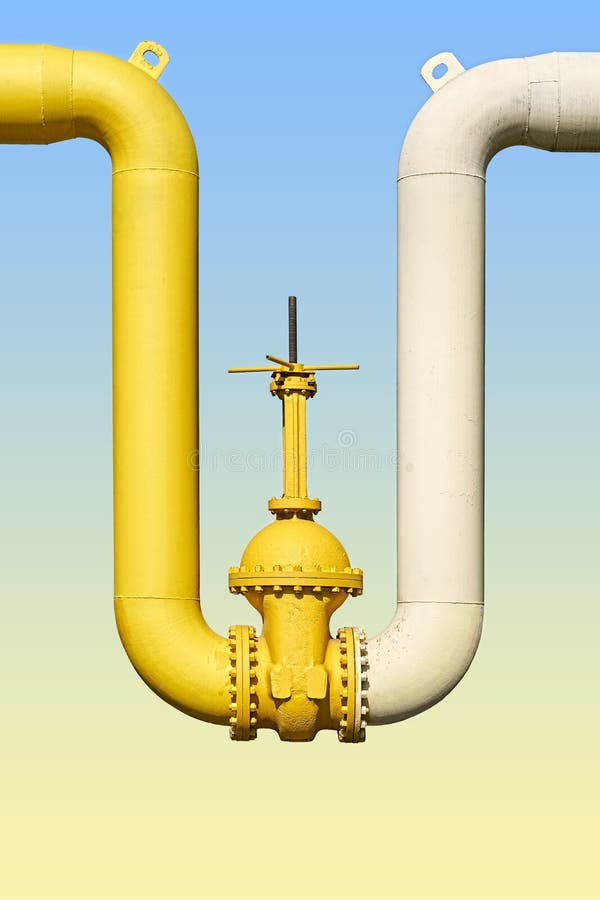 Large Water Shutoff Valve with Flanges and Lever on Blue Yellow