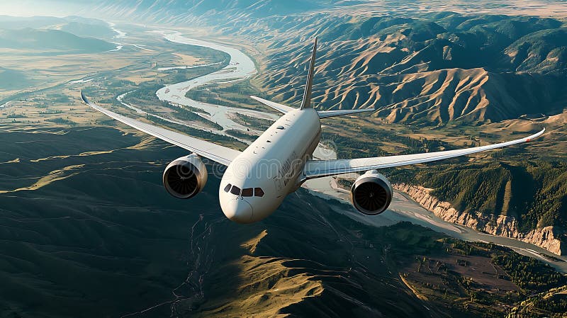 A large white airplane is flying over a mountain range and a river royalty free illustration