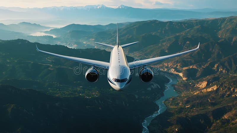A large white airplane is flying over a mountain range stock illustration