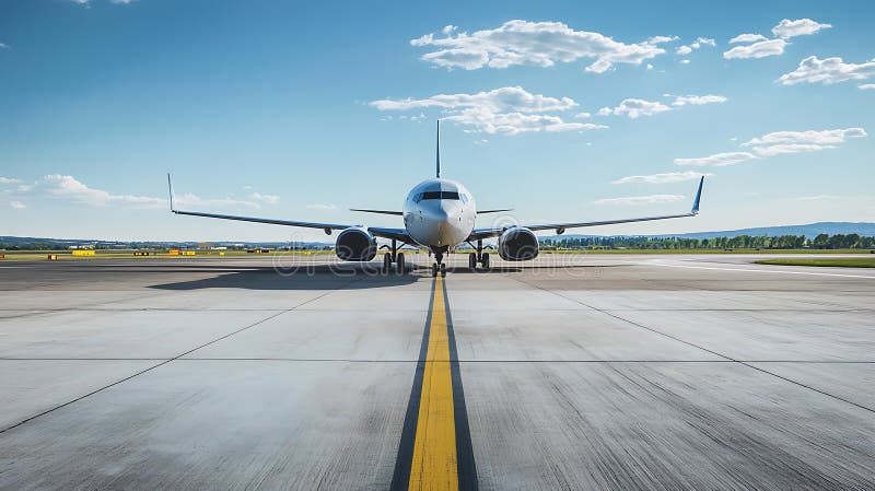 A large white airplane is parked on the runway stock photo