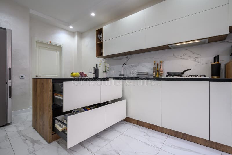 Large White and Black Luxury Kitchen Interior Stock Image Image of