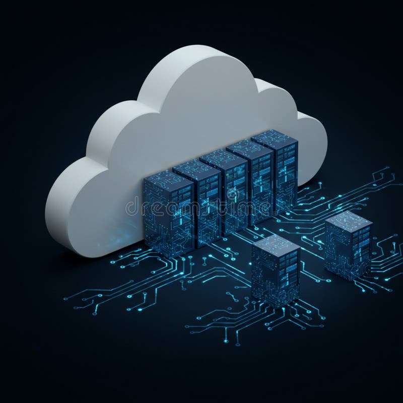 A large white cloud shape dominates the image, symbolizing cloud computing. stock illustration