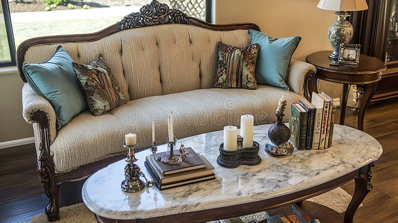 Large white couch with blue pillows sits in front of a marble coffee table royalty free stock photography