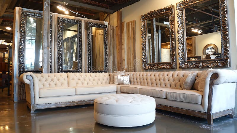 Large white couch with a cream colored ottoman sits in a room with a lot of mi stock image