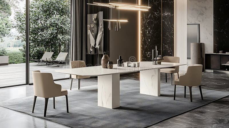 A large white dining table with four chairs around it stock images