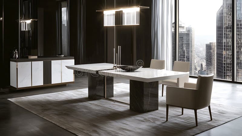 A large white dining table sits in a room with a black and white color scheme stock photo