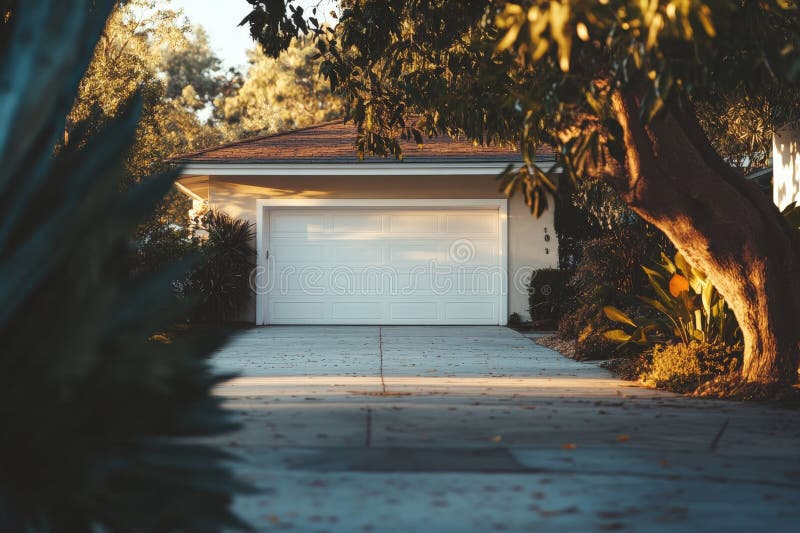 A large white house featuring a gray roof along with a white garage door royalty free stock photos