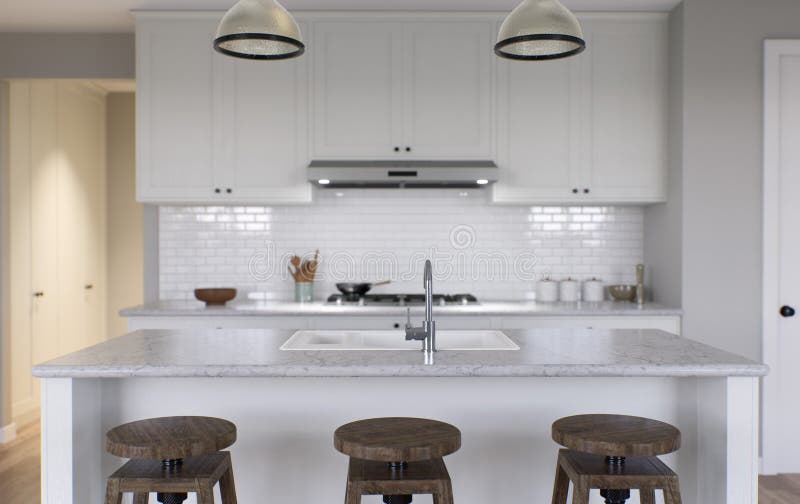 Large White Kitchen with Island and All Necessary Appliances. 3d