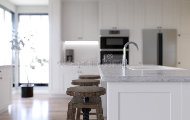 Large White Kitchen with Island and All Necessary Appliances. 3d