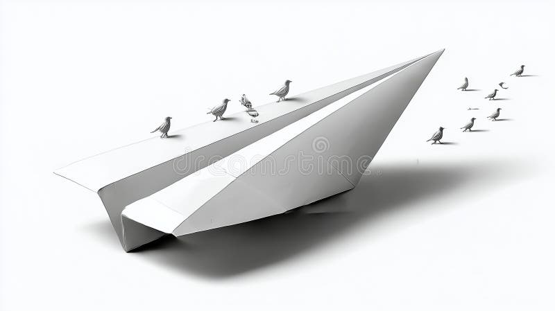 A large white paper airplane sits on a plain surface, surrounded by several small birds perched on and near it. The airplane's sharp folds contrast with its smooth texture. Birds appear at various distances, adding a sense of depth. The scene combines elements of whimsy and simplicity, highlighting a playful interaction between nature and crafted objects. The minimalist background enhances the focus on the paper airplane and birds. Plain objects illustrations
