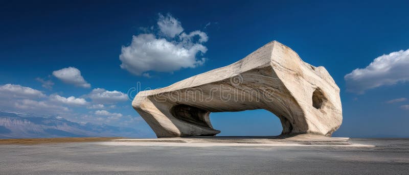 A large, white stone sculpture with a unique, abstract shape stands in a barren, desert-like landscape. stock images