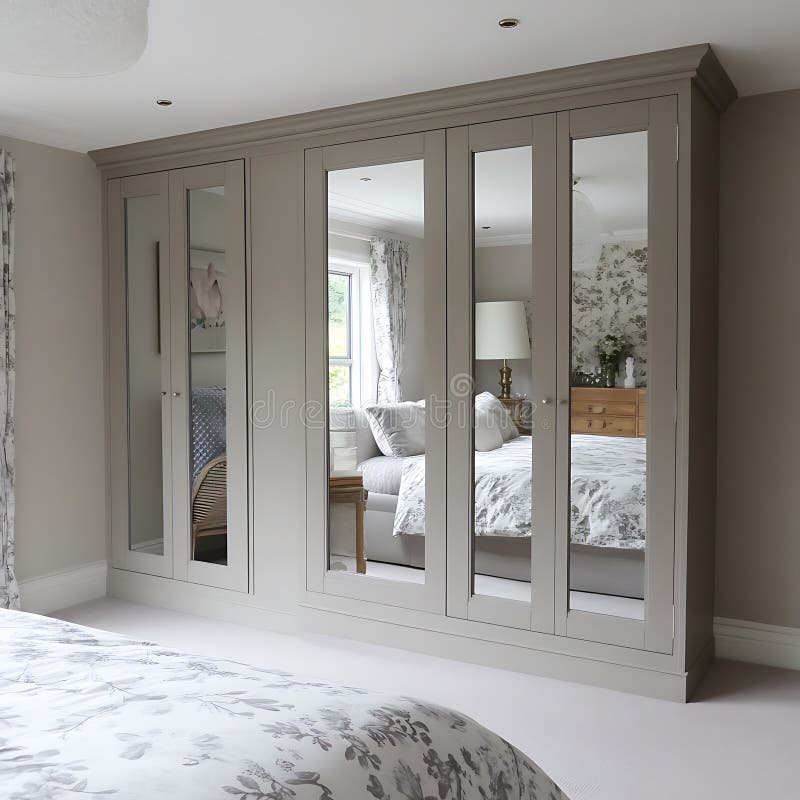 A large, white, wooden wardrobe with mirrors on the doors royalty free stock images