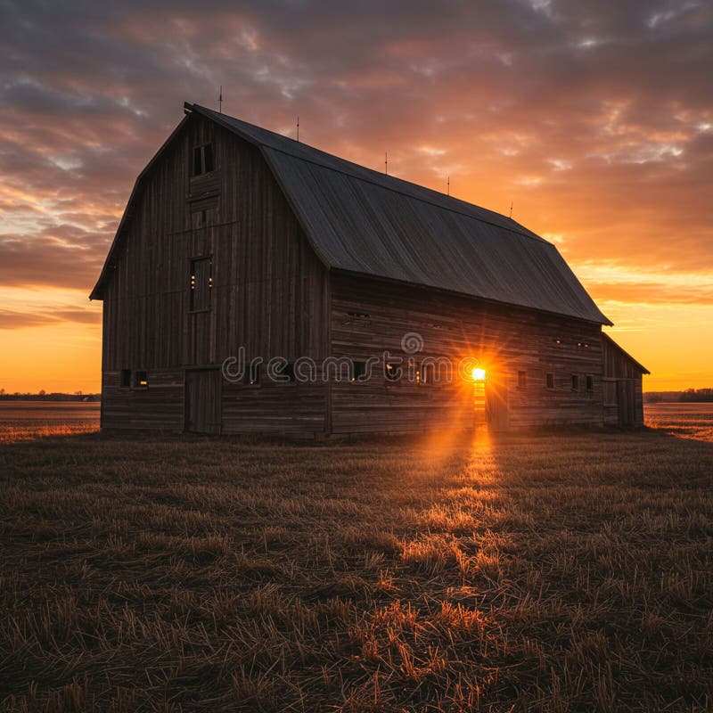 Large wooden barn silhouetted against a dramatic sunset, with the sun\'s rays streaming vector illustration