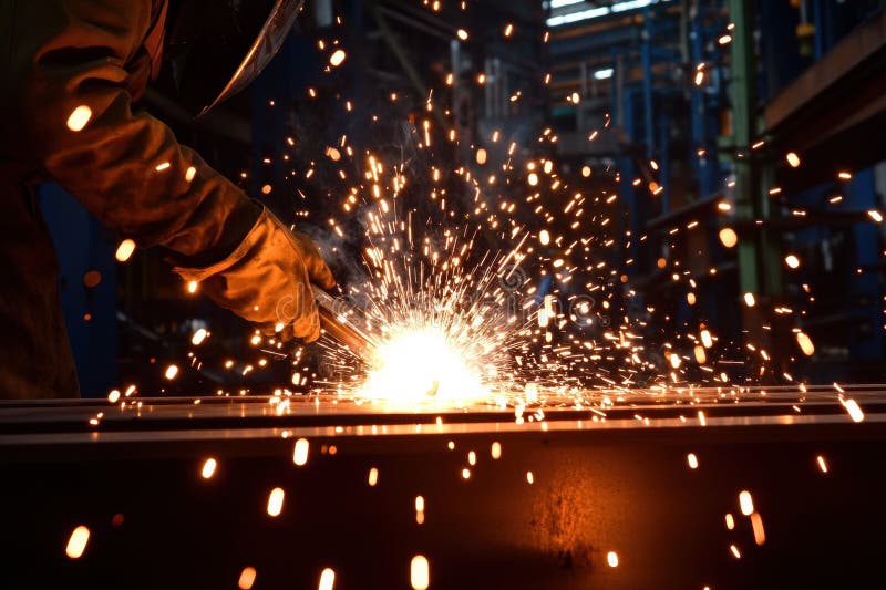 In a large workshop, workers actively weld metal pieces, producing an impressive display of sparks and showcasing royalty free stock image