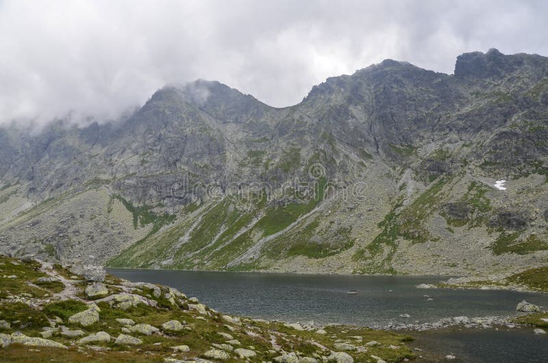 The largest mountain lake on slovakian side of High Tatras, Hincovo pleso surrounded by rocky mountains