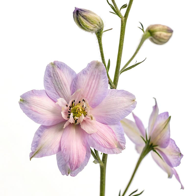 Larkspurblomma i vit bakgrundsbelysning Ljust Delphinium Flower med Buds.