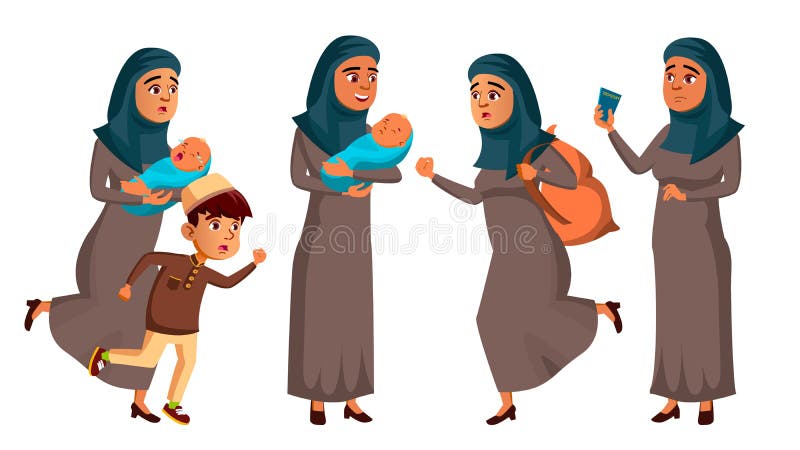 Las actitudes adolescentes árabes, musulmanes de la muchacha fijaron vector Refugiado, guerra, bomba, explosión, pánico Ejemplo a ilustración del vector Las actitudes adolescentes árabes, musulmanes de la muchacha fijaron vector Refugiado, guerra, bomba, explosión, pánico Ejemplo a ilustración del vector