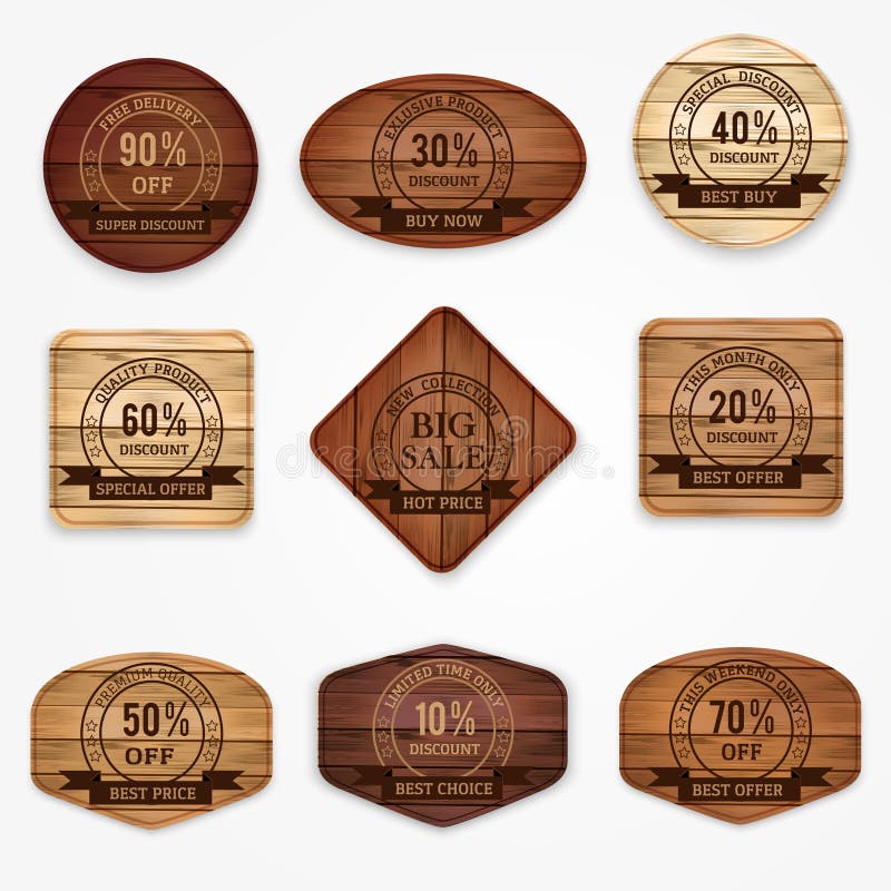 Las banderas de madera del descuento de la venta, etiquetas engomadas, etiquetan la colección Sistema de la muestra de madera de libre illustration