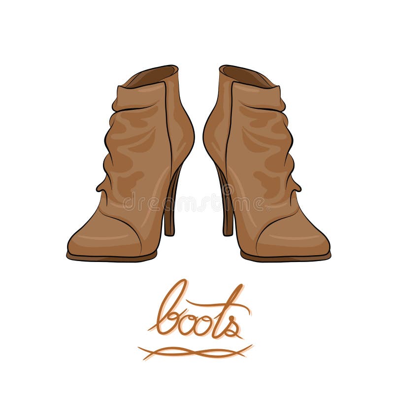 A pair of brown modern boots, fashion shoes cartoon vector in hand-drawn style. A pair of brown modern boots, fashion shoes cartoon vector in hand-drawn style