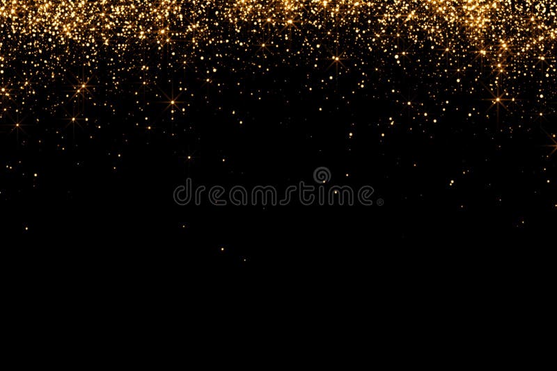Las cascadas de las partículas de oro del champán de las burbujas de la chispa del brillo protagonizan en el fondo negro, día de