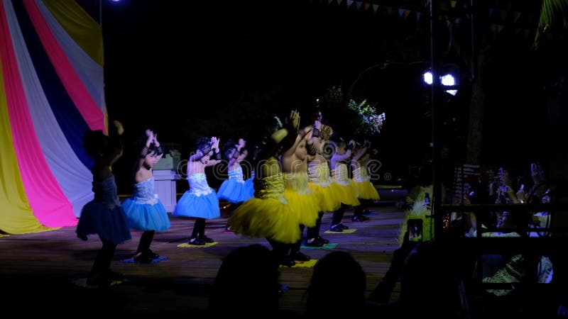 Las chicas jóvenes gozan el bailar juntas en etapa con el vestido colorido