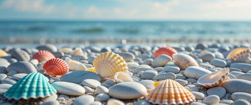 Las conchas coloridas se dispersan por guijarros suaves cerca de la orilla fotografía de archivo