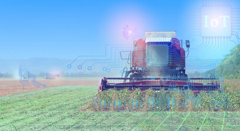 Las cosechadoras cosechan, representación conceptual de la interacción de la tecnología al cosechar con la ayuda de la comunicaci Las cosechadoras cosechan, representación conceptual de la interacción de la tecnología al cosechar con la ayuda de la comunicaci