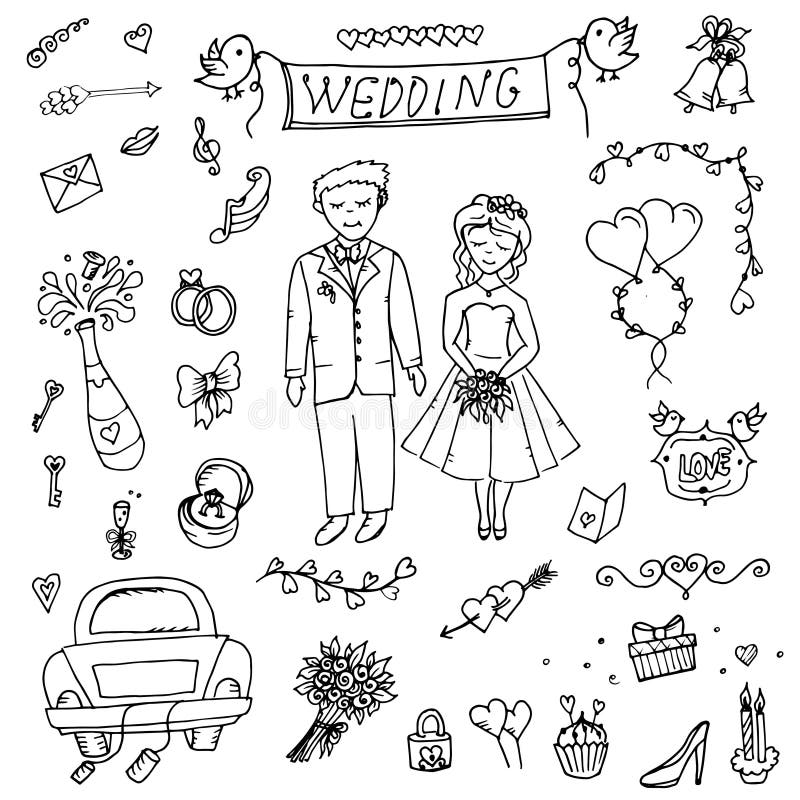 Las cualidades de la boda, de la novia y del novio, amor, boda, garabato stock de ilustración Las cualidades de la boda, de la novia y del novio, amor, boda, garabato stock de ilustración