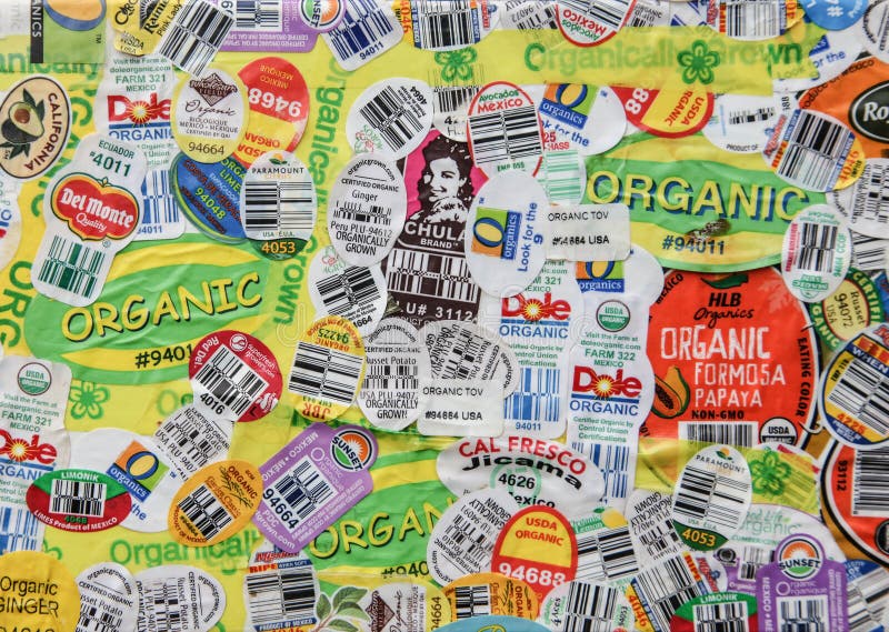 Las etiquetas engomadas orgánicas de la producción arreglaron como pedazo del arte fotos de archivo libres de regalías Las etiquetas engomadas orgánicas de la producción arreglaron como pedazo del arte fotos de archivo libres de regalías