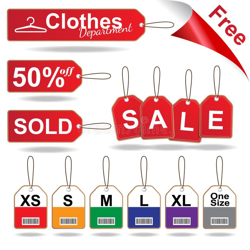 Las etiquetas rojas de la venta, la etiqueta con la talla y la ropa cosida de la etiqueta fijaron el ejemplo del vector stock de ilustración Las etiquetas rojas de la venta, la etiqueta con la talla y la ropa cosida de la etiqueta fijaron el ejemplo del vector stock de ilustración