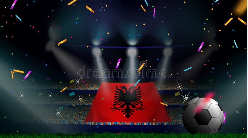 Las fans sostienen la bandera de Albania entre la silueta de la audiencia de la muchedumbre en estadio de fútbol con confeti para stock de ilustración Las fans sostienen la bandera de Albania entre la silueta de la audiencia de la muchedumbre en estadio de fútbol con confeti para stock de ilustración