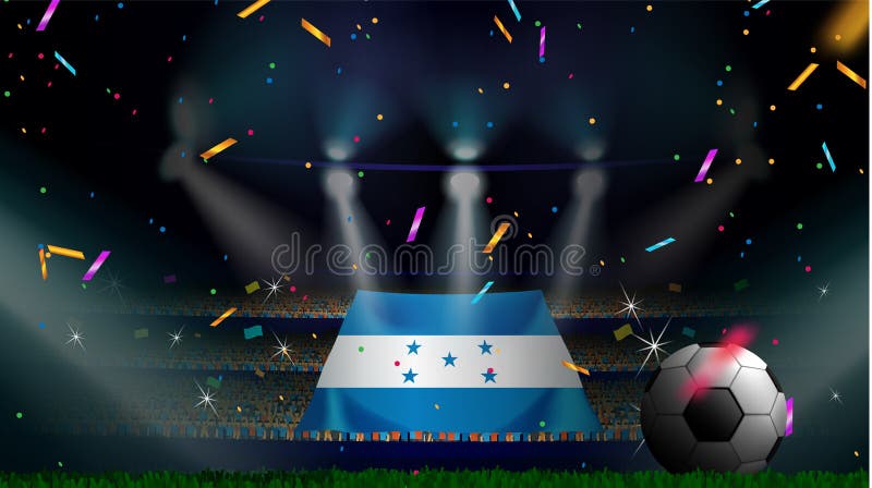 Las fans sostienen la bandera de Honduras entre la silueta de la audiencia de la muchedumbre en estadio de fútbol con confeti par libre illustration Las fans sostienen la bandera de Honduras entre la silueta de la audiencia de la muchedumbre en estadio de fútbol con confeti par libre illustration