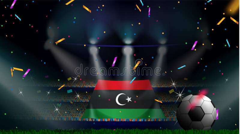 Las fans sostienen la bandera de Libia entre la silueta de la audiencia de la muchedumbre en estadio de fútbol con confeti para c stock de ilustración Las fans sostienen la bandera de Libia entre la silueta de la audiencia de la muchedumbre en estadio de fútbol con confeti para c stock de ilustración