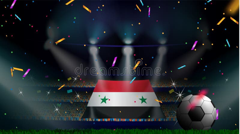 Las fans sostienen la bandera de Siria entre la silueta de la audiencia de la muchedumbre en estadio de fútbol con confeti para c stock de ilustración Las fans sostienen la bandera de Siria entre la silueta de la audiencia de la muchedumbre en estadio de fútbol con confeti para c stock de ilustración