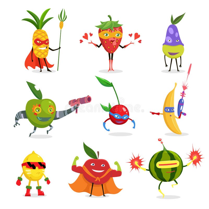 Las frutas del super héroe en máscaras y los cabos fijados de historieta infantil linda humanizaron caracteres en trajes en diver libre illustration Las frutas del super héroe en máscaras y los cabos fijados de historieta infantil linda humanizaron caracteres en trajes en diver libre illustration
