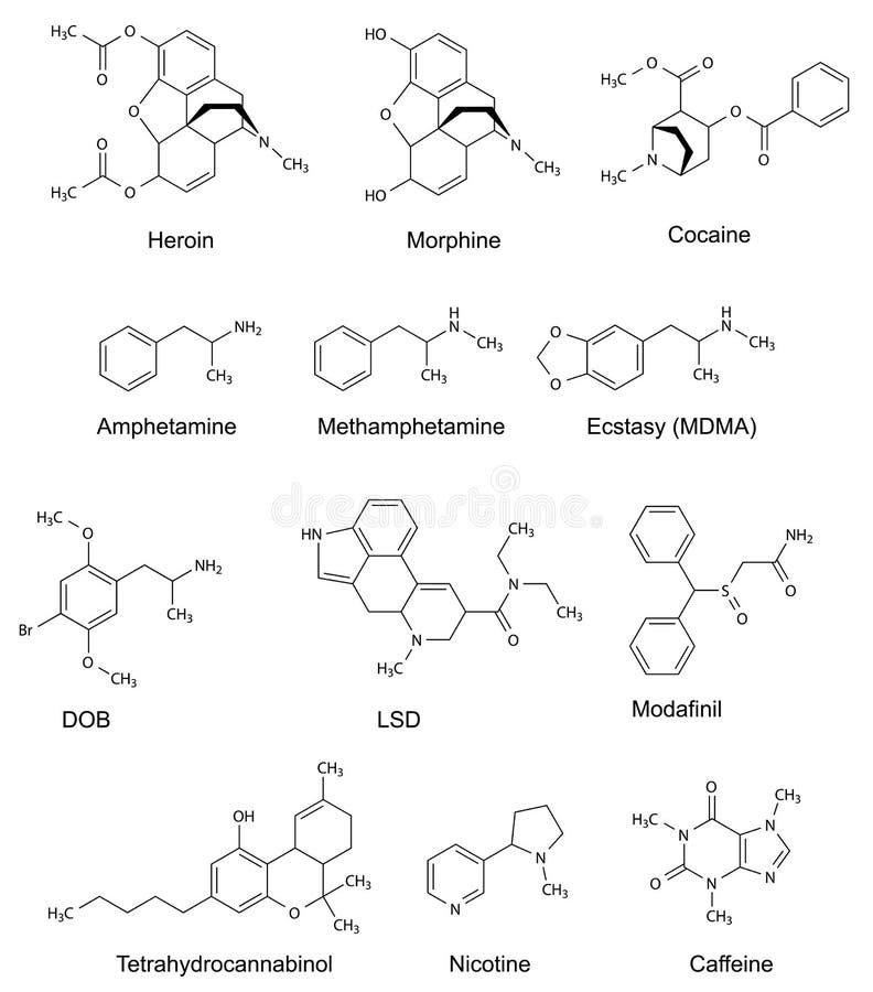 Las fórmulas estructurales químicas de algunas drogas ilustración del vector Las fórmulas estructurales químicas de algunas drogas ilustración del vector