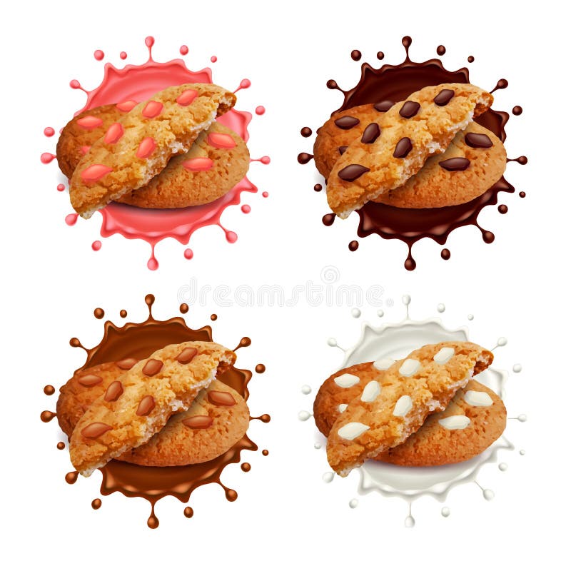 Las galletas de microprocesador de chocolate en leche y chocolate salpican el sistema del vector 3d libre illustration Las galletas de microprocesador de chocolate en leche y chocolate salpican el sistema del vector 3d libre illustration