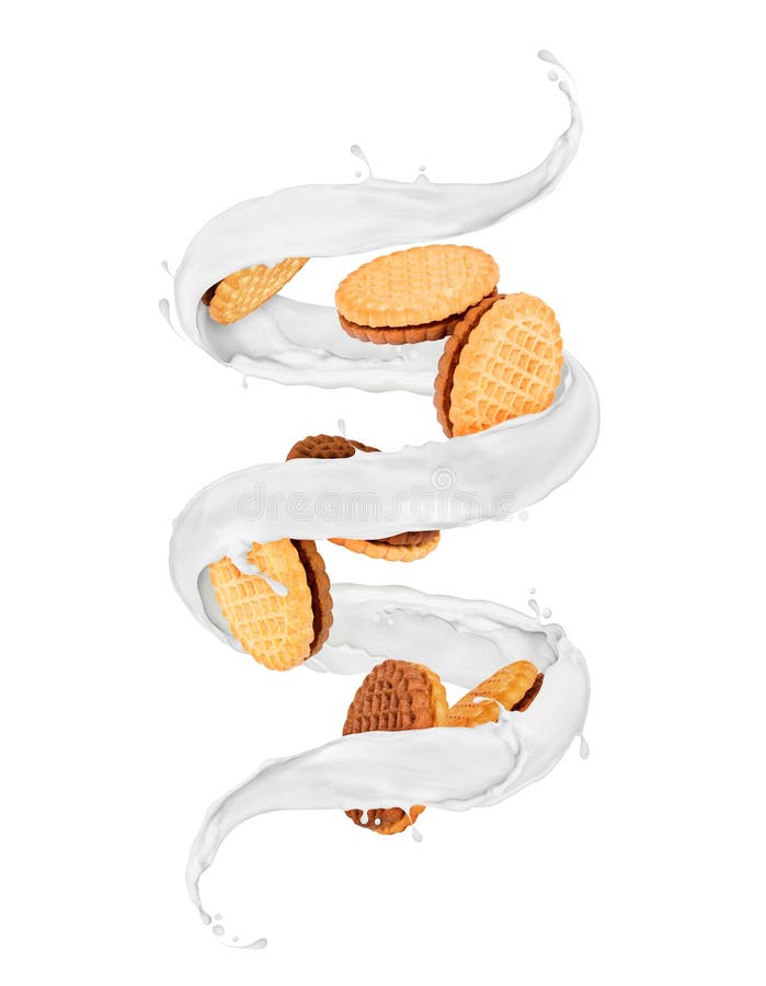 Las galletas deliciosas giran en remolinar salpican de la leche fotografía de archivo libre de regalías Las galletas deliciosas giran en remolinar salpican de la leche fotografía de archivo libre de regalías