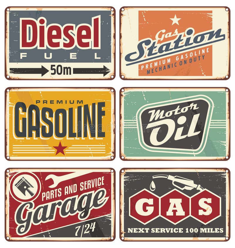 Las gasolineras y el coche mantienen muestras de la lata del vintage