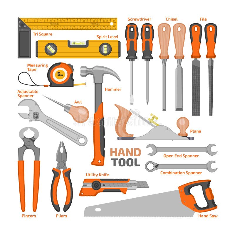 Las herramientas de mano de la construcción del vector de la herramienta de mano martillan los alicates y el destornillador del s
