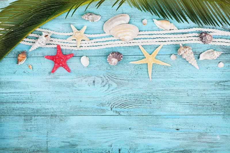 Las hojas de palma, la cuerda, la concha marina y las estrellas de mar en la opinión de sobremesa de madera azul en plano ponen e