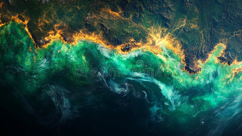 Las imágenes satelitales captan fenómenos costeros vibrantes a última hora de la tarde en una región no identificada. IA generativ. Los colores vivos representan fenómenos costeros, ya que un satélite monitorea la zona a última hora de la tarde. Esta imagen revela interacciones dinámicas en contextos geoespaciales. generado por IA