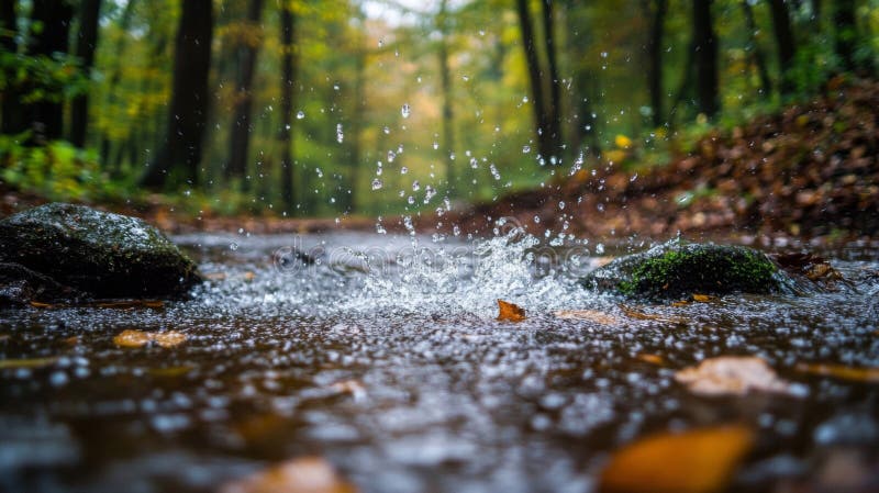Las lluvias se desploman en una corriente forestal ilustración del vector