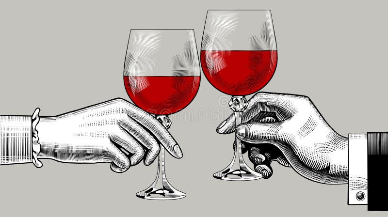 Las manos del hombre y de la mujer tintinean los vidrios con el vino rojo stock de ilustración