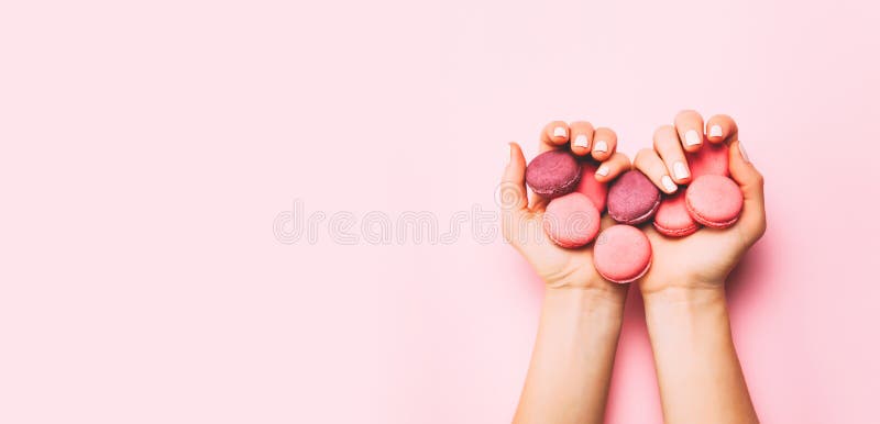 Las manos femeninas hermosas con la manicura de moda que sostiene los macarrones rosados se apelmazan imagenes de archivo Las manos femeninas hermosas con la manicura de moda que sostiene los macarrones rosados se apelmazan imagenes de archivo