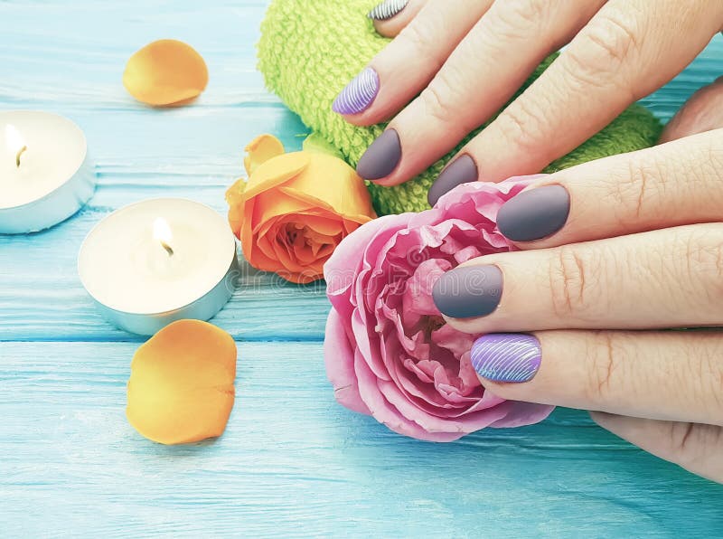 Las manos femeninas, manicura, flor del concepto subieron, vela en un fondo de madera foto de archivo Las manos femeninas, manicura, flor del concepto subieron, vela en un fondo de madera foto de archivo