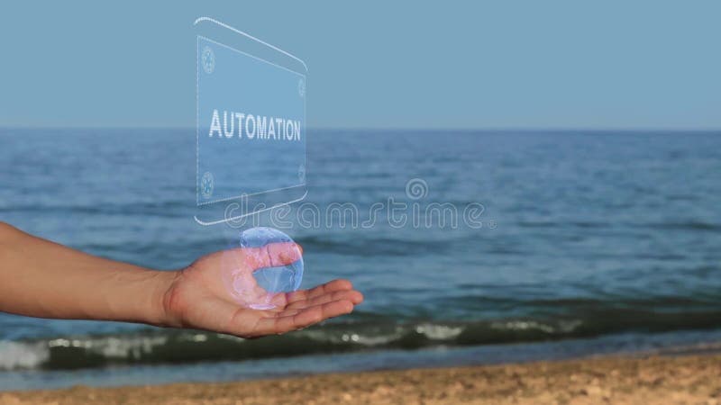 Las manos masculinas en la playa llevan a cabo un holograma conceptual con la automatización del texto